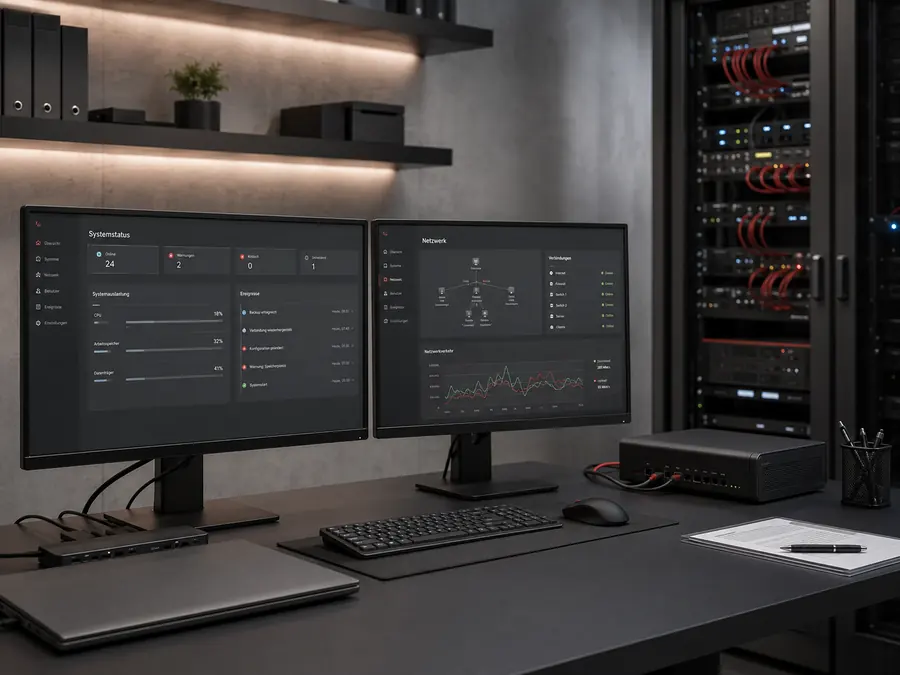 Moderner IT-Arbeitsplatz mit Netzwerk- und Systeminfrastruktur