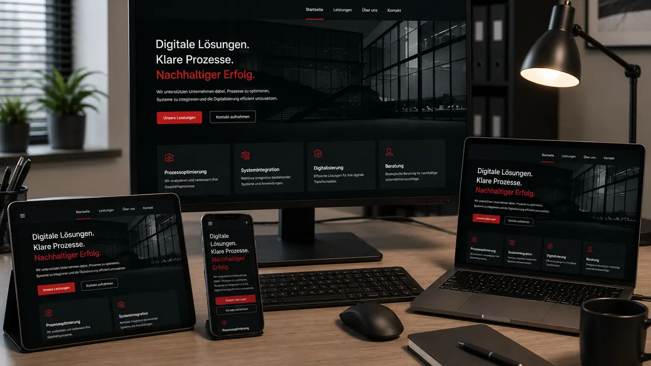 Responsive Unternehmenswebseite auf Desktop, Tablet und Smartphone