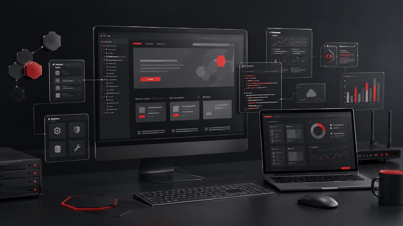Moderner IT-Arbeitsplatz mit Webentwicklung, Systembetreuung und Datenanalyse